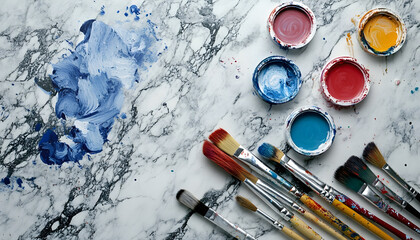 Fototapeta premium Illustration of paint lids and brushes on a marble table, creating a textured and artistic composition
