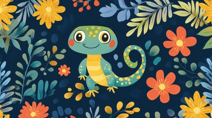 Colorful Cartoon Gecko Surrounded by Vibrant Flowers and Leaves on a Dark Background