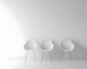 Minimalist installation art with white chairs on a plain white background, 3D rendering illustration