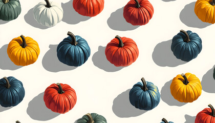 Fototapeta premium Patterned illustration of multicolored pumpkins with shadows