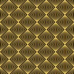 Seamless geometric pattern consisting of golden striped diamond shapes. Suitable for textile designs, fabrics, wallpapers, backgrounds, etc.
