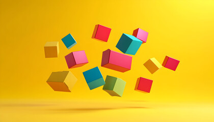 Obraz premium Playing blocks of various colors suspended in air against a yellow background illustration