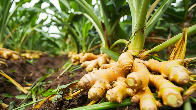 Newly harvested organic ginger roots with their distinctive yellow golden color emerging from the rich soil of a farm field