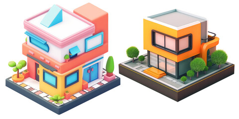 set of cute Contemporary House Model. Isometric. 3D cartoon animation style.