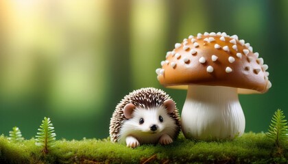Obraz premium キノコとかわいいハリネズミの置き物とコピースペース（Mushroom and cute hedgehog figurines and copy space） 