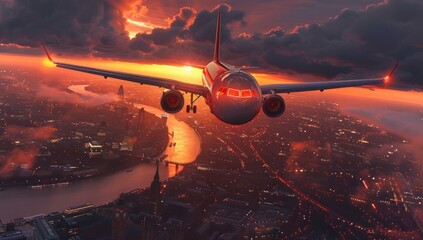 Airplane Landing in a City at Sunset