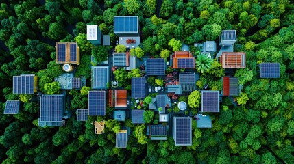 Aerial view of a smart city powered entirely by renewable energy sources