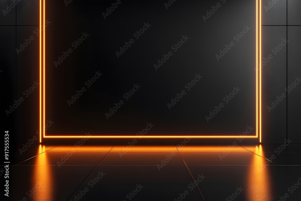 Wall mural background of glowing orange neon light frame illuminating a dark room with a black tile floor