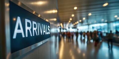 Fototapeta premium Airport Arrivals Sign with Blurred Passengers in Background