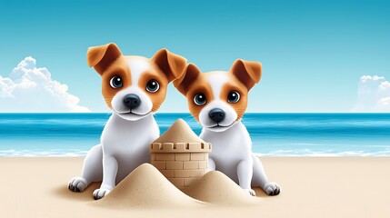 Cartoon dogs building a sandcastle on a bright animated beach, exaggerated playful expressions, vibrant colors, dynamic scene, copy space for text,
