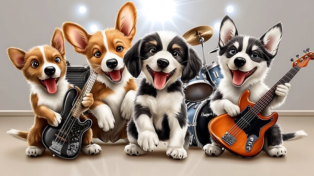 A group of animated dogs playing instruments in a band on a bright stage, spotlight effects, cheerful mood, cartoon-style, copy space for text,