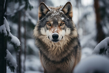Fototapeta premium Majestic Wolf Stands Amidst Snow-Covered Forest with Fierce and Piercing Gaze