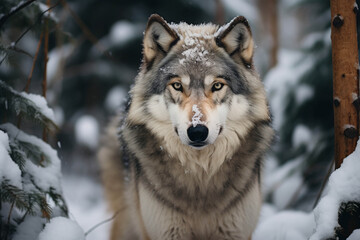 Majestic Wolf Stands Amidst Snow-Covered Forest with Fierce and Piercing Gaze