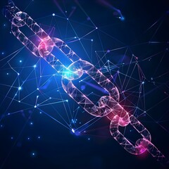 A digital visualization of a cyber network with neon pink and blue nodes connected by glowing lines, set against a dark background.