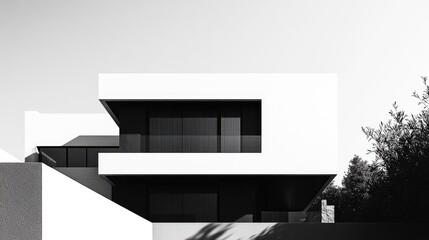 A black and white image of a modern house exterior, with strong lines and contrasting shadows, set against a clean, white background for a striking visual effect.