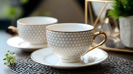 100. A chic and elegant set of fine china teacups with a modern pattern