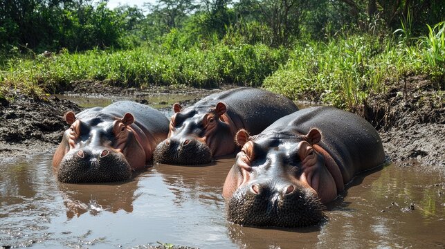 A group of hippos lounging in a muddy waterhole, surrounded by lush vegetation, with the animals basking under the midday sun in a natural habitat. - Powered by Adobe
