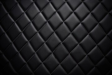 Close-up of luxurious black leather with a quilted diamond pattern, perfect for backgrounds and textures in design projects.