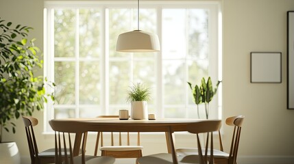 A modern dining area with a simple wooden table, four chairs, and a pendant light hanging above, set in a bright, uncluttered space with large windows.