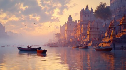 Obraz premium A serene scene of the Ganges River at dawn, with boats floating on the calm water, and temples and ghats bathed in the soft morning light.