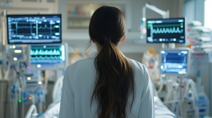 A healthcare professional stands in a hospital room, monitoring multiple medical devices and patient data displays with focus.