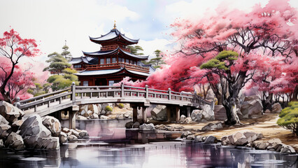 Fototapeta premium Daigo ji Temple - japanese garden, pagoda, bridge, cherry blossoms, nature, architecture, tranquility, reflection, water, spring, asia, traditional