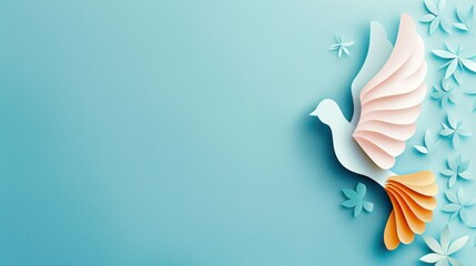 Obraz premium Dove of peace paper cutout on blue background, paper art, 3d illustration and symbol of peaceful journey