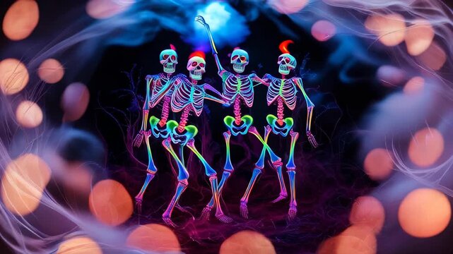 Halloween skeletons party in neon style. Dancing skeletons halloween background with blurred bokeh lights. Copy space template backdrop