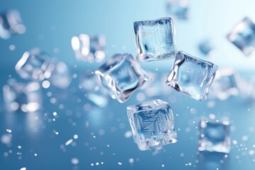Beautifully scattered ice cubes on a blue background, creating a refreshing and cool atmosphere, perfect for summer beverages.