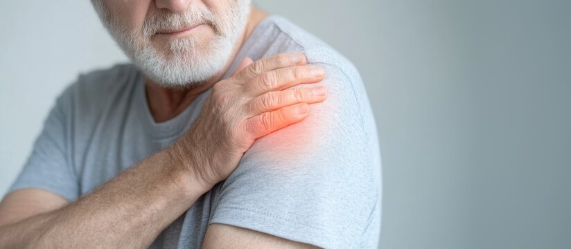 An elderly man experiencing shoulder pain, showcasing the challenges of aging and health issues in everyday life.