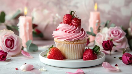 A Pink Cupcake with Strawberries and Roses for a Romantic Occasion