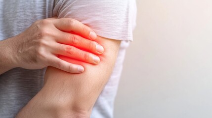 Fototapeta premium A close-up of a person experiencing discomfort in their elbow area, highlighting a health concern related to joint pain.