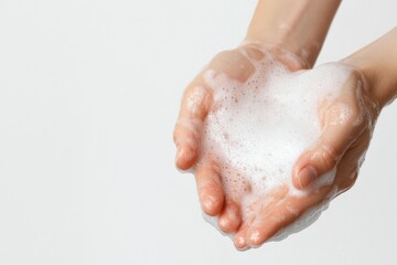 Fototapeta premium A close-up of hands holding bubbly soap foam, symbolizing cleanliness and hygiene in everyday life.