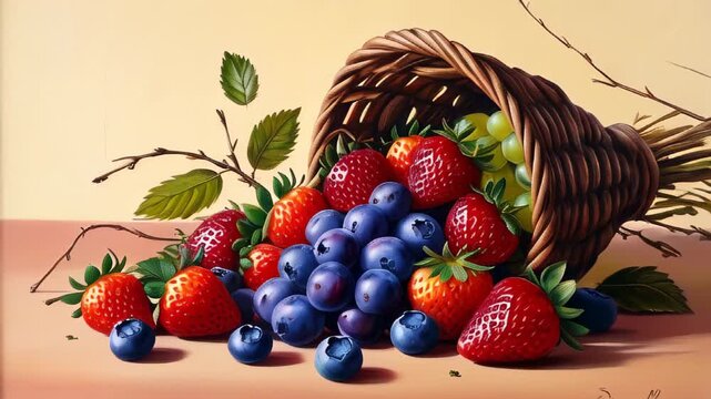 cornucopia filled with fresh strawberries, blueberries, and green grapes. The wicker cornucopia spills the colorful fruits onto a warm-toned surface