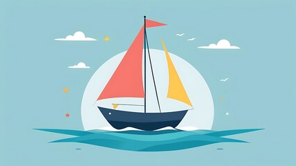 Fototapeta premium Sailboat on serene blue water with fluffy white clouds against a sunny sky. Perfect for travel, vacation, relaxation concepts.