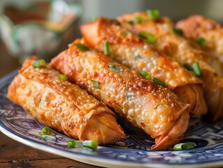 Delicious Shrimp and Cabbage Egg Rolls Served with a Side of Dipping Sauce, Perfect for Appetizers or Party Snacks, Asian Cuisine Delights.