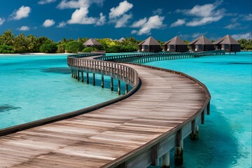 Fototapeta premium A wooden boardwalk curves over clear turquoise water leading to overwater bungalows under a bright blue sky.