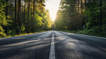 Fototapeta premium Empty asphalt road through a lush green forest with sun rays shining
