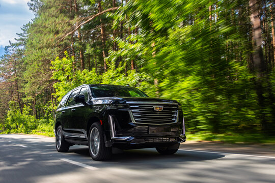 Novosibirsk, Russia -  August  05, 2024: black  Cadillac Escalade 600  SUV  is driving along a highway in the forest