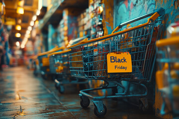 Graffiti-style "Black Friday" in vibrant neon colors, with shopping carts and discount tags around it.