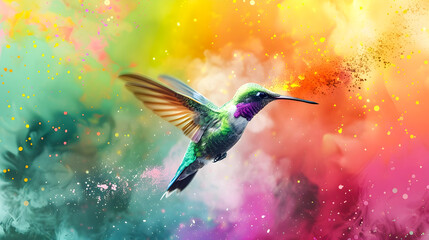 Vibrant Hummingbird Soaring Amid Colorful Powder Cloud Mist   and Ethereal Wildlife Nature Scene with Iridescent Bird in Flight and Magical Atmospheric Elements