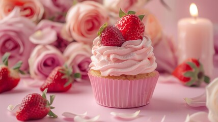 Pink Cupcake Topped with Strawberries and Surrounded by Roses