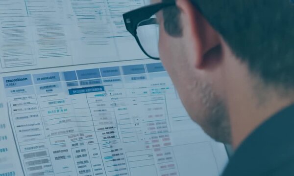 Close-up adjusting glasses, reviewing data sheet, concentration, financial review