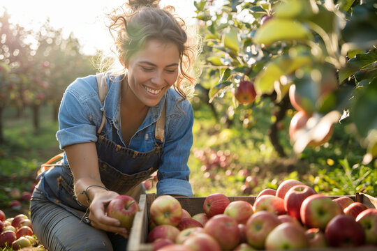 A smiling person picking apples in an orchard during a sunny day