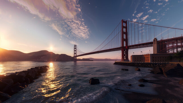 taken from on the banks of the San Francisco Bay, hi resolution photograph of the Golden Gate bridge,generative ai