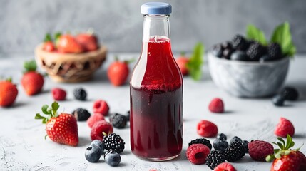  A bottle of mixed berry juice with vibrant red and purple hues 