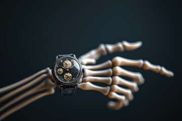 Skeleton hand adorned with an antique wristwatch, symbolizing times relentless march, with a moody dark background,   copy space, focus cover all object, deep dept of field