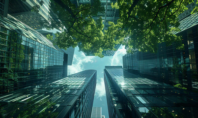 Bottom view of the city with skyscrapers and green trees.generative ai
