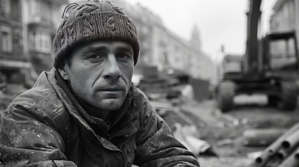 Fototapeta premium a sad construction worker sitting, a building site in the background,generative ai