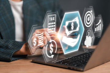 A businessman interacts with payroll concept icons on a laptop, symbolizing financial management,...